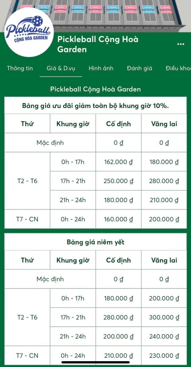 Bảng giá thuê sân pickleball Cộng Hòa Garden
