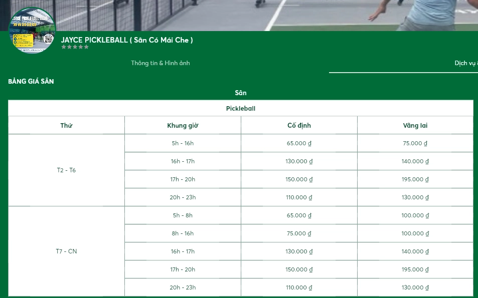 Giá thuê sân Pickleball Jayce