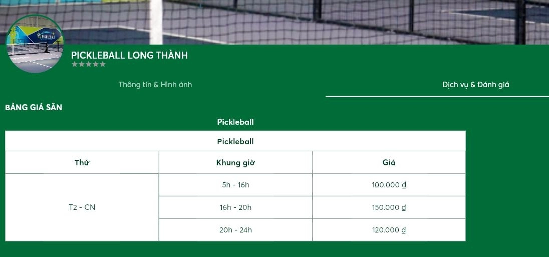 Cập nhật bảng giá thuê sân pickleball long thành