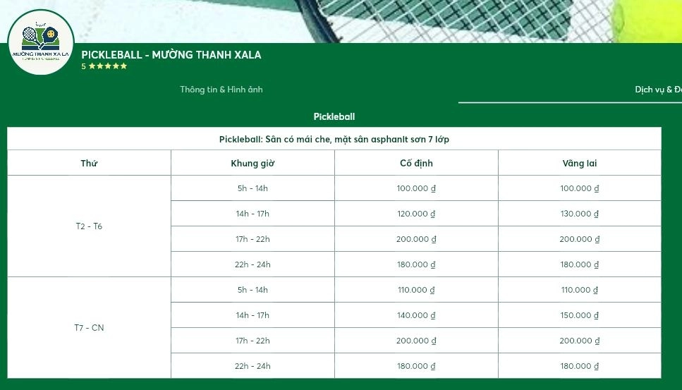 Bảng giá thuê sân pickleball Mường Thanh Xa La