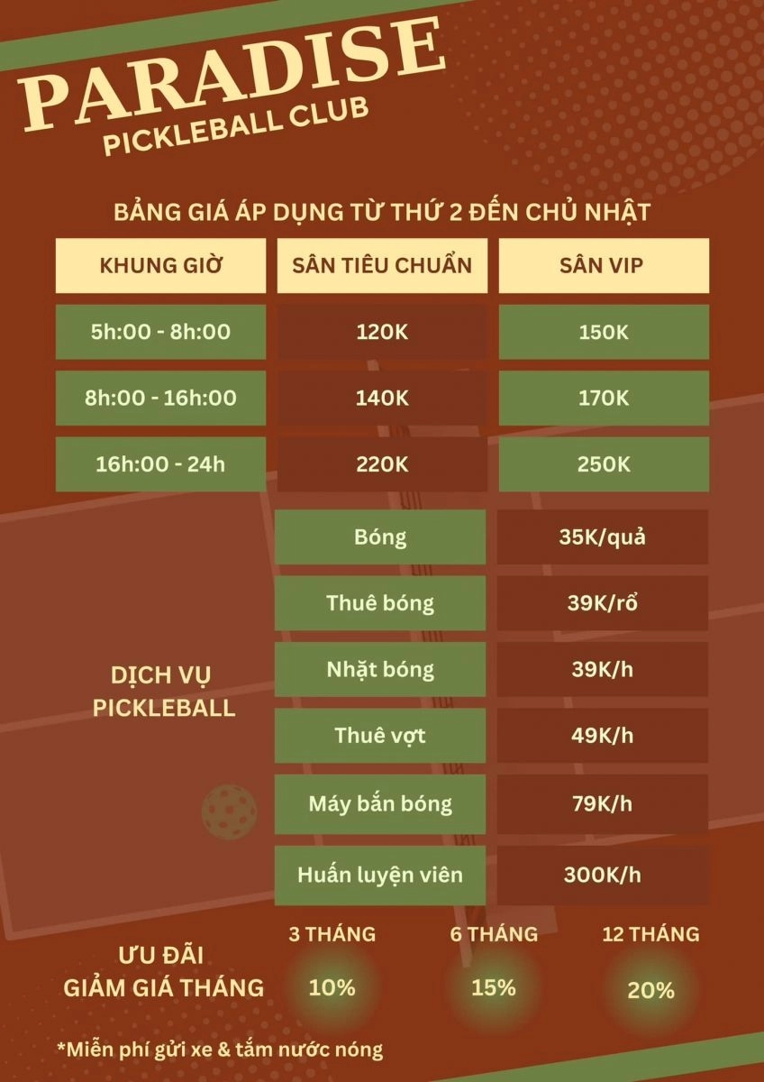 Giá thuê sân Pickleball Paradise Long Biên