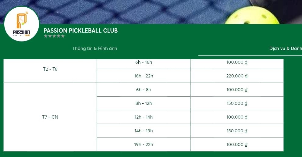 Cập nhật bảng giá thuê sân pickleball Passion