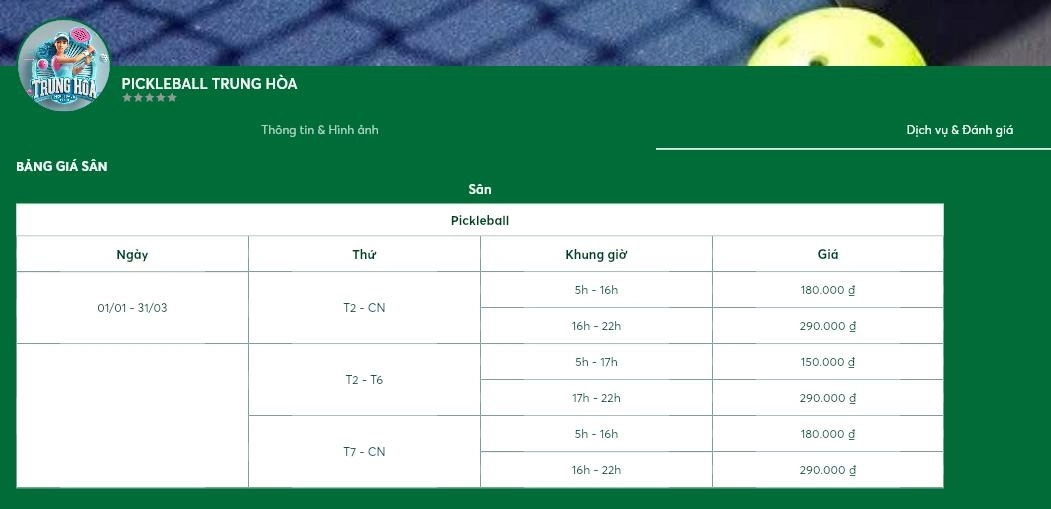 Chi phí thuê sân pickleball Trung Hòa