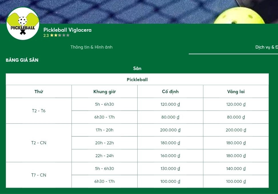 Cập nhật bảng giá thuê sân pickleball Viglacera