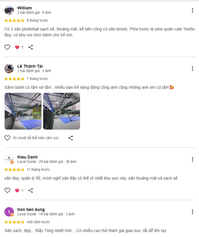 Đánh giá của người chơi tại  sân Pickleball Yvette