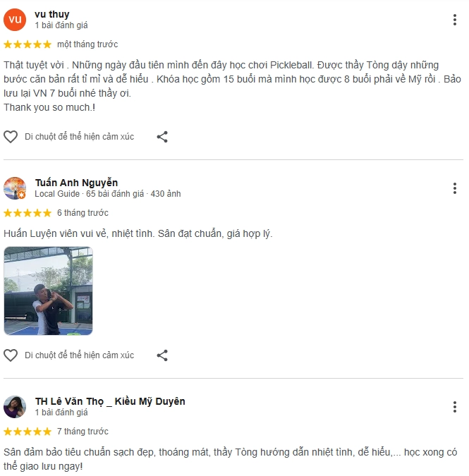 Đánh giá của người chơi tại  sân Pickleball Yvette