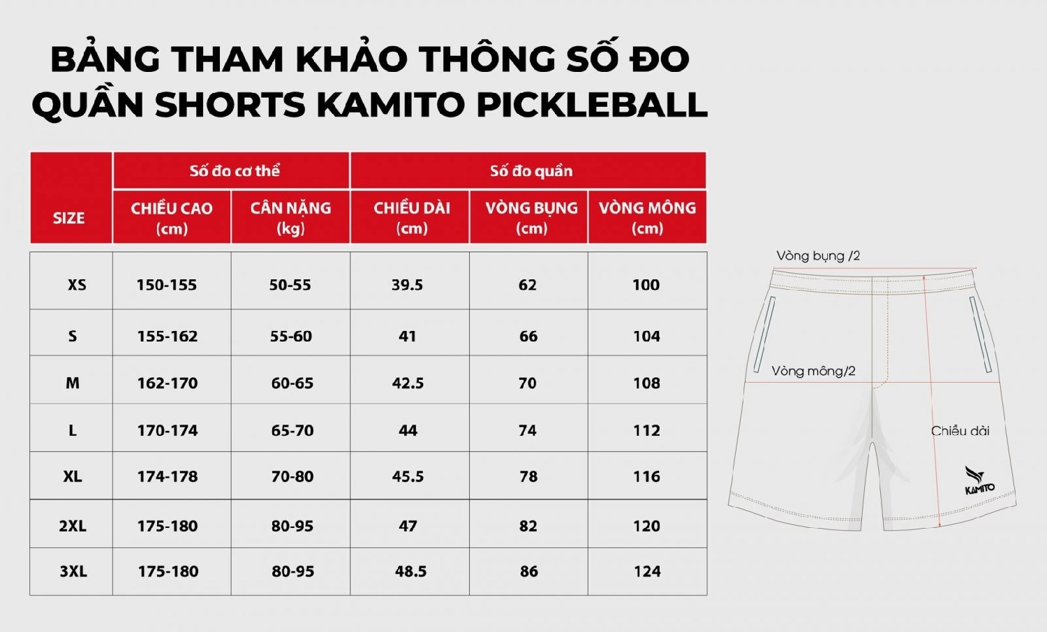 Bảng size Quần Pickleball Kamito Trend V1