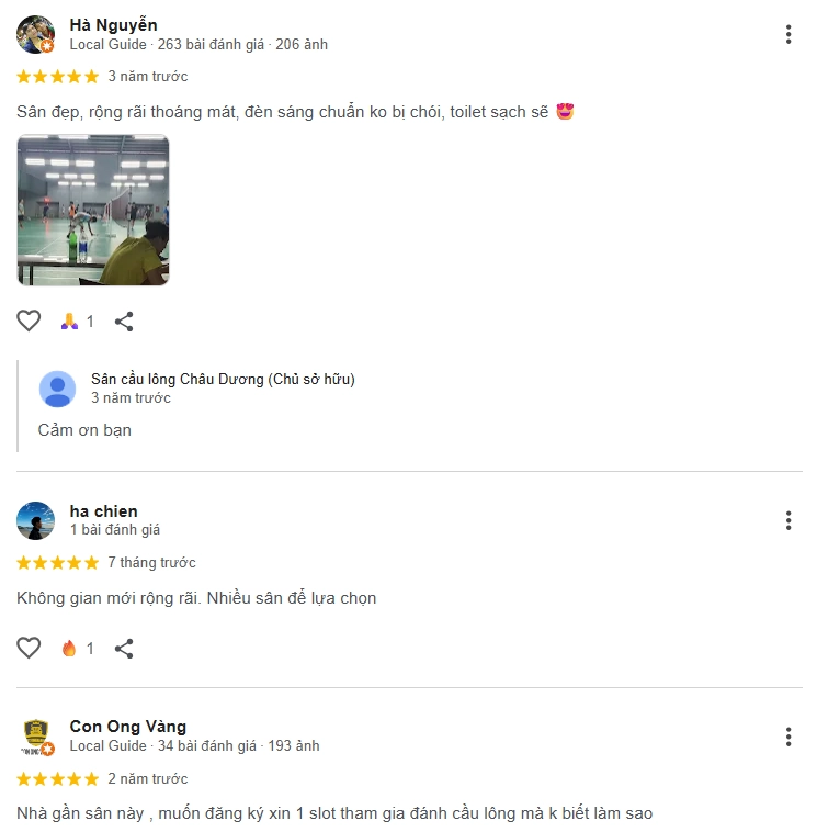 Đánh giá của người chơi tại sân cầu lông Châu Dương
