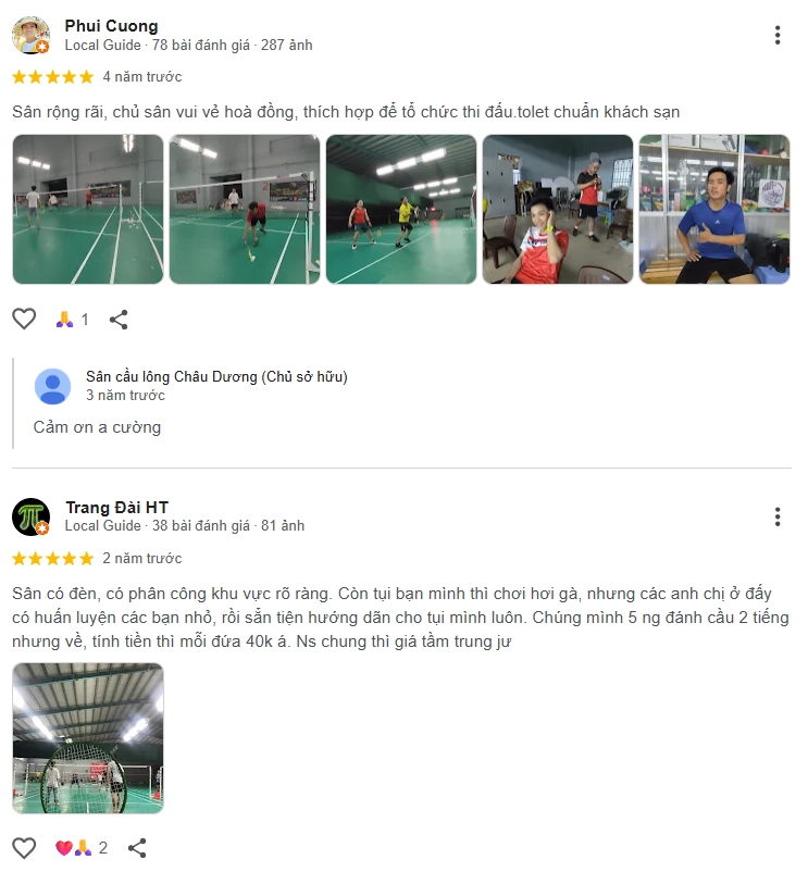 Đánh giá của người chơi tại sân cầu lông Châu Dương