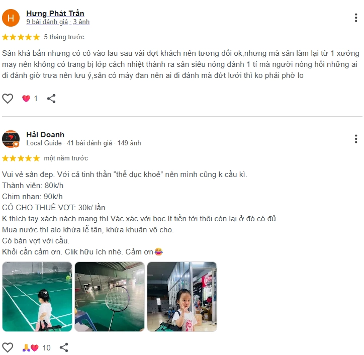 Đánh giá của người chơi tại sân cầu lông Châu Dương