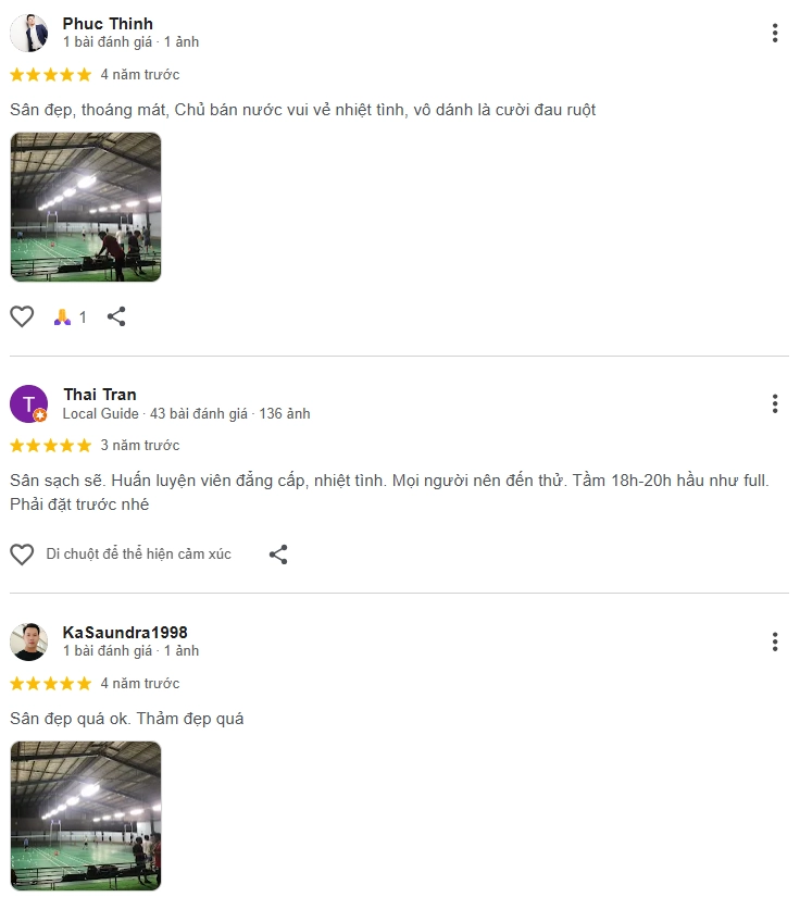 Đánh giá của người chơi tại sân cầu lông Tân Sơn 2