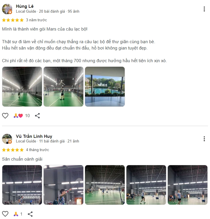 Đánh giá của người chơi tại sân cầu lông Celadon Tân Phú