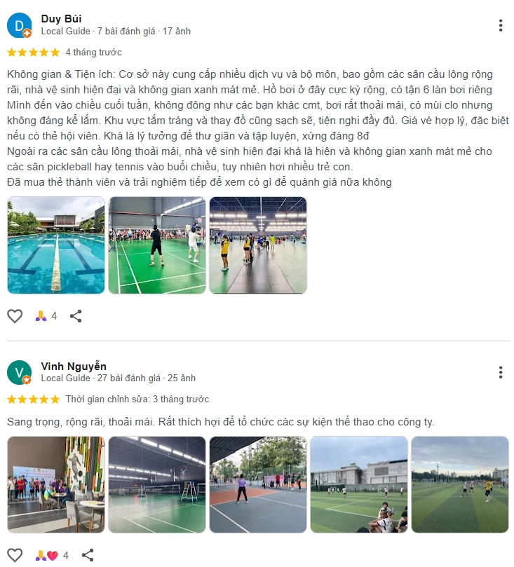 Đánh giá của người chơi tại sân cầu lông Celadon Tân Phú