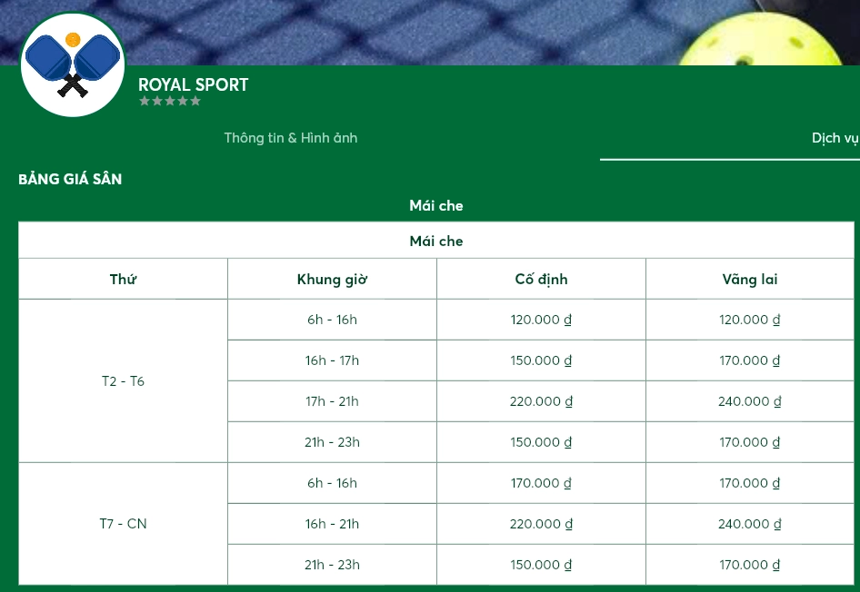 Giá thuê sân Royal Pickleball K334 - Tân Bình