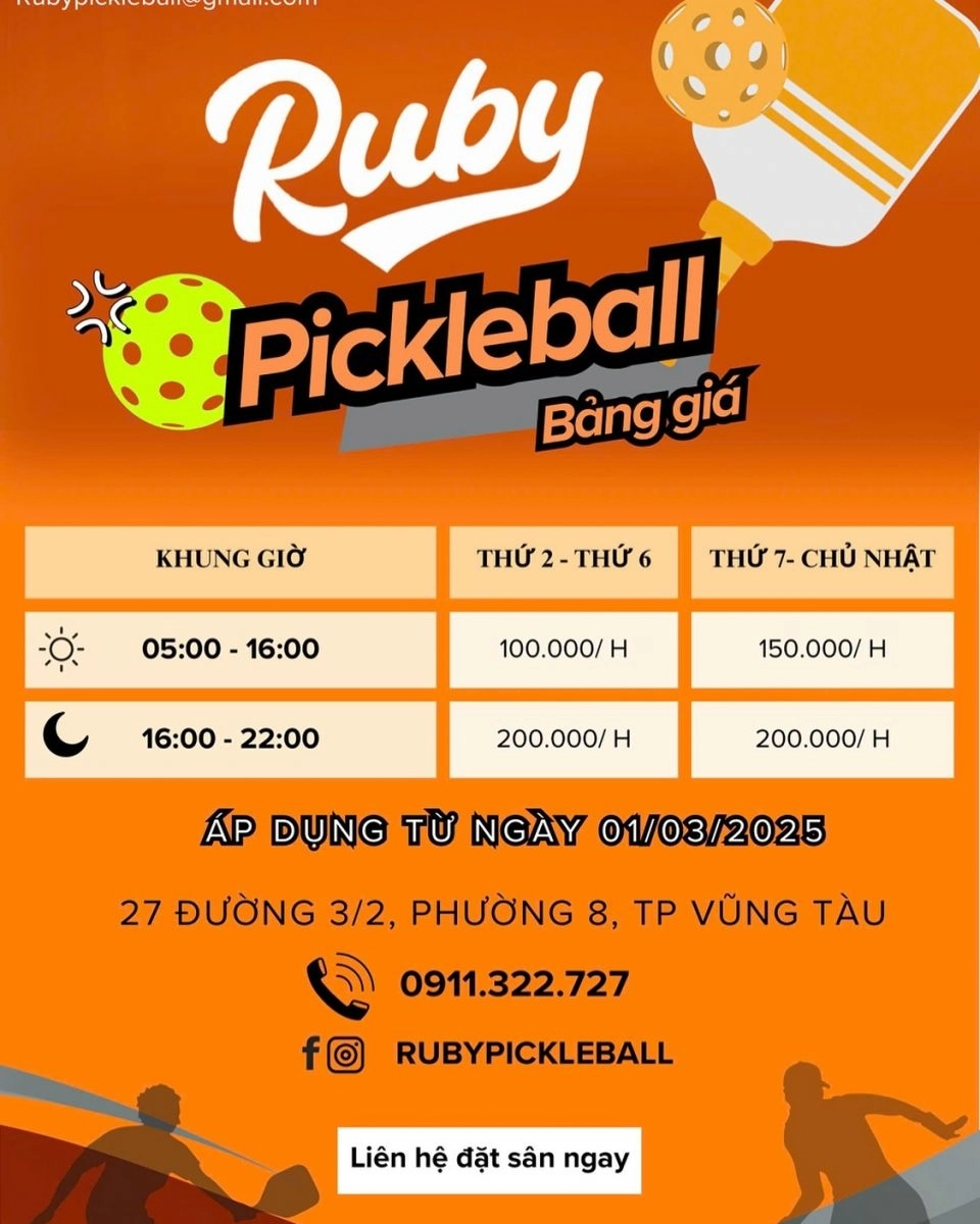 Giá thuê sân Ruby Pickleball Bà Rịa - Vũng Tàu