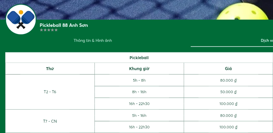 Giá thuê sân 88 Anh Sơn Pickleball