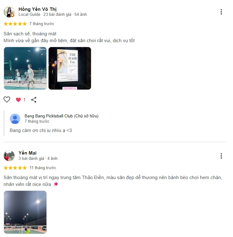 Đánh giá của người chơi tại sân Bang Bang Pickleball