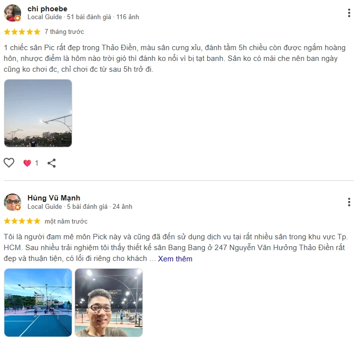 Đánh giá của người chơi tại sân Bang Bang Pickleball