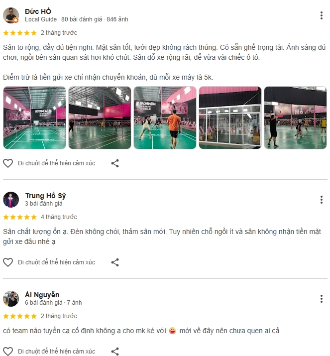 Đánh giá của người chơi tại sân Blackpink cầu lông