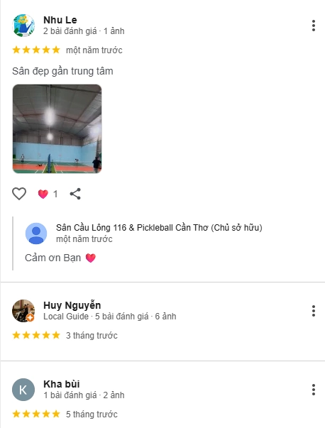 Đánh giá của người chơi tại sân cầu lông 116 Cần Thơ