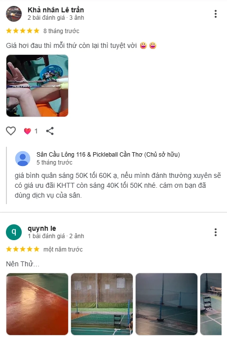 Đánh giá của người chơi tại sân cầu lông 116 Cần Thơ