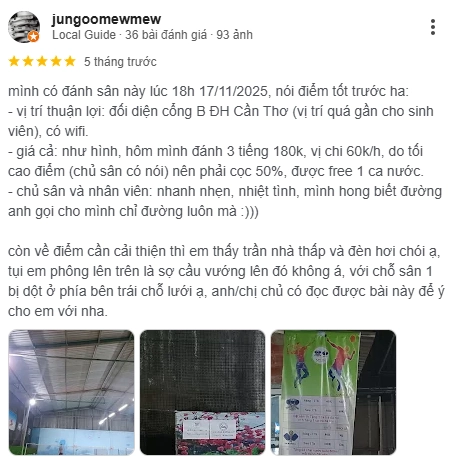 Đánh giá của người chơi tại sân cầu lông 116 Cần Thơ