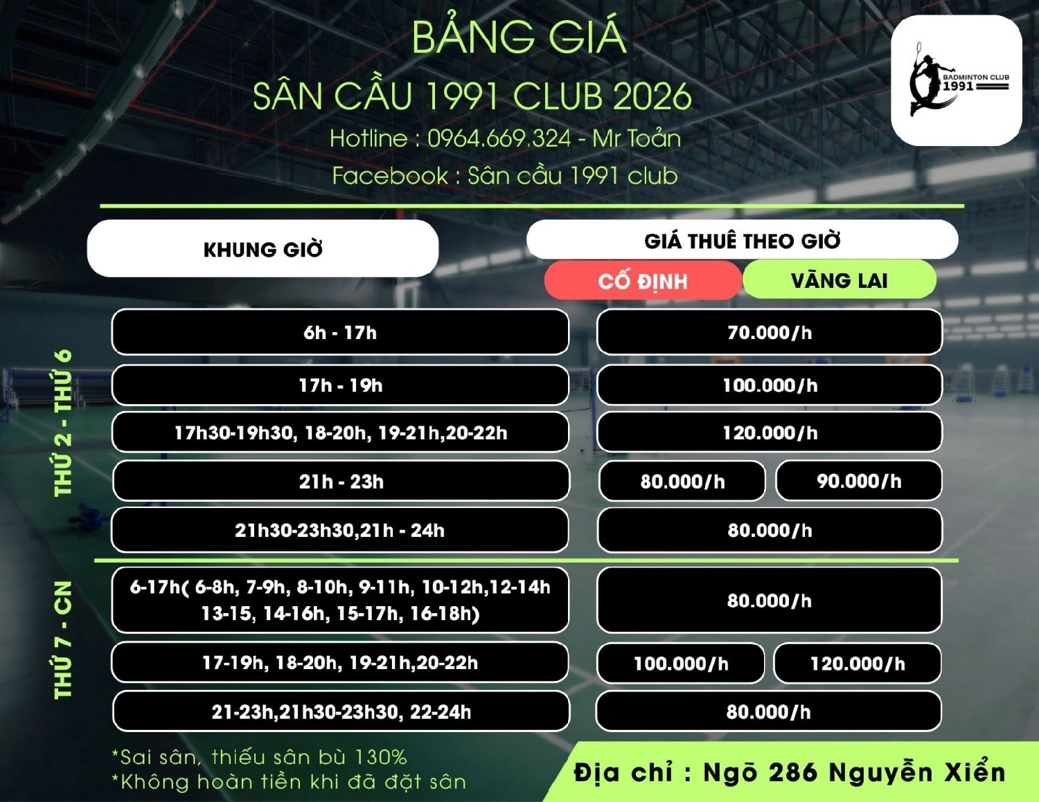 Bảng giá thuê sân cầu lông 1991