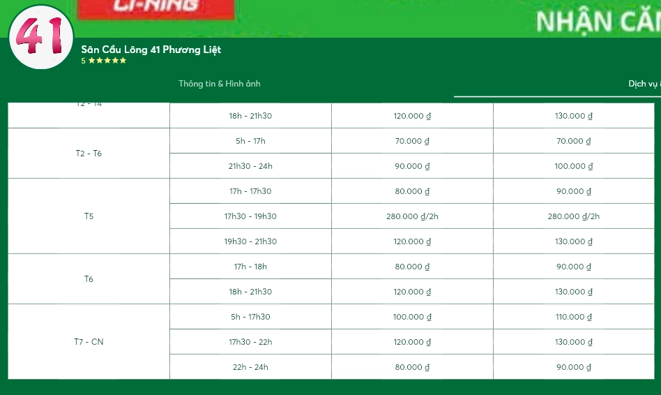Bảng giá thuê sân cầu lông 41 phương liệt