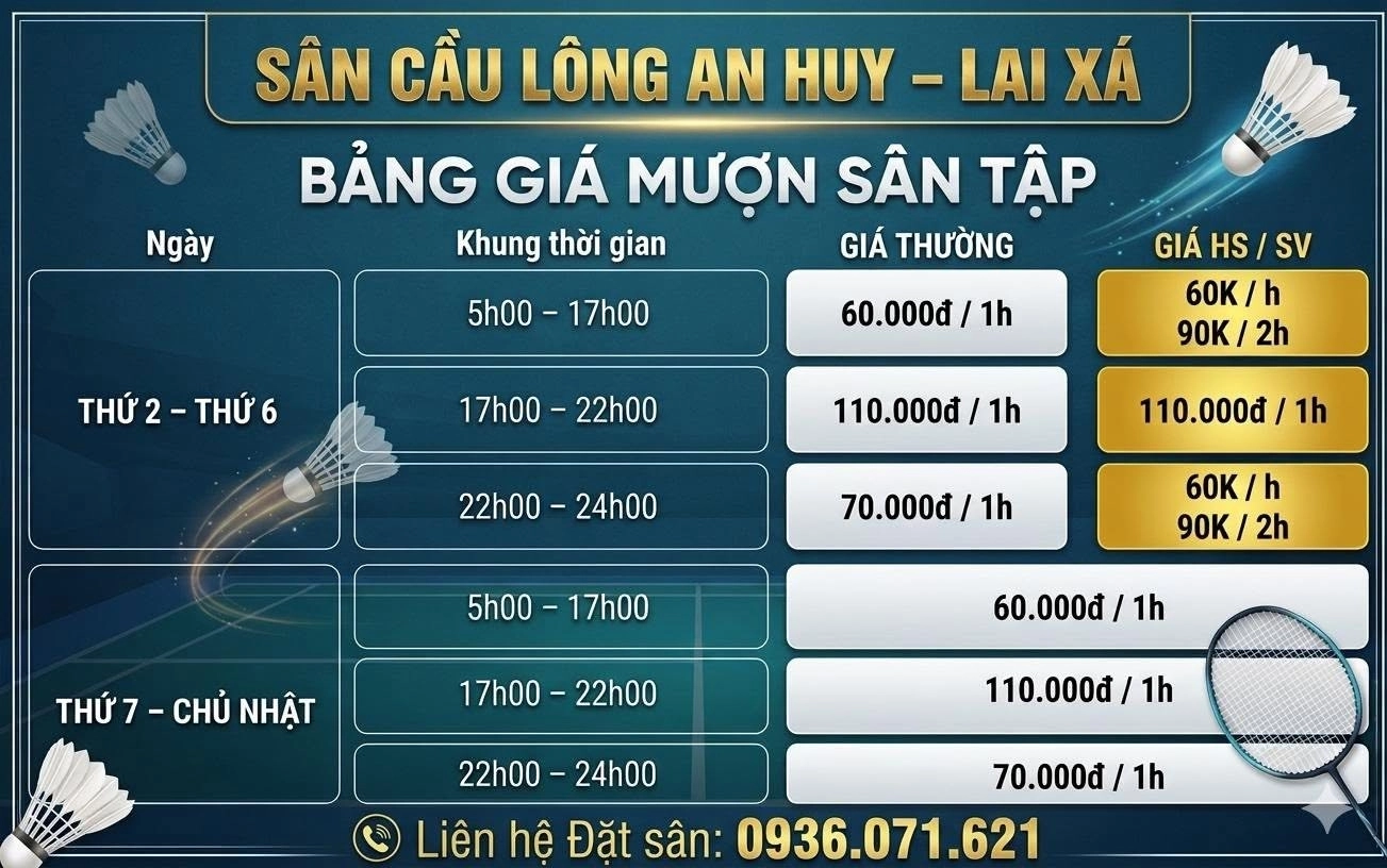 Bảng giá thuê sân cầu lông an huy lai xá