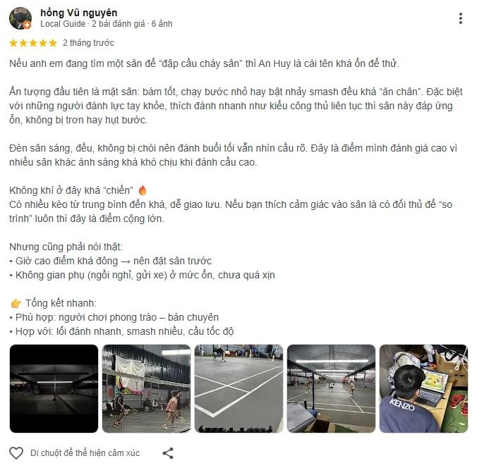 Đánh giá chất lượng sân cầu lông an huy lai xá từ người chơi
