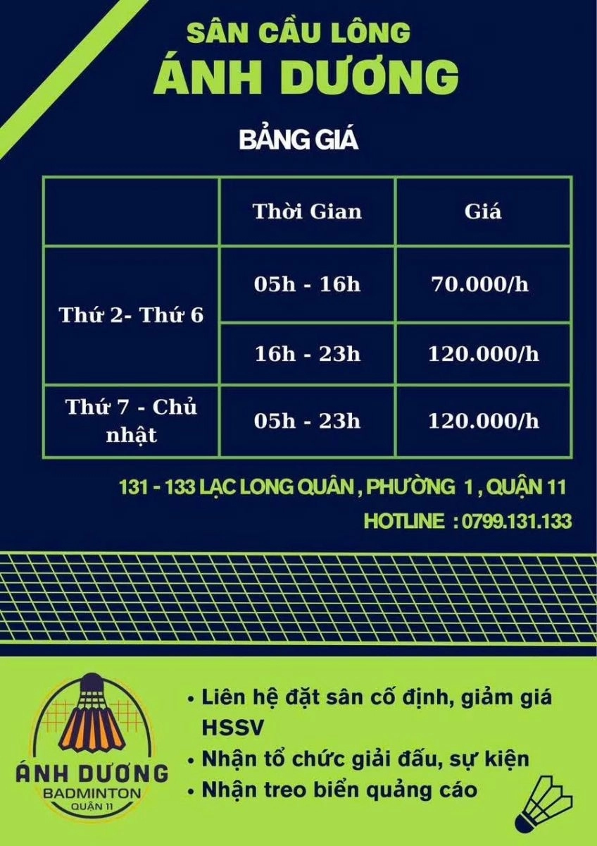 Bảng giá thuê sân cầu lông ánh dương