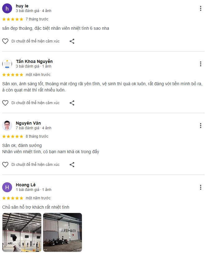 Đánh giá của người chơi tại sân cầu lông Arena.01 Đà Nẵng