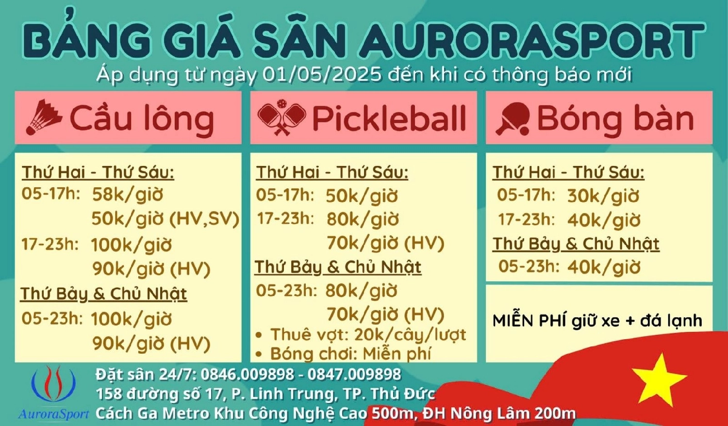 Bảng giá thuê sân cầu lông Aurora Sport