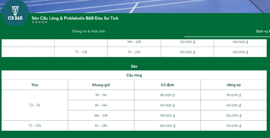 Bảng giá thuê sân cầu lông B&B Đào Sư Tích