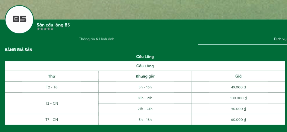 Bảng giá thuê sân cầu lông B5
