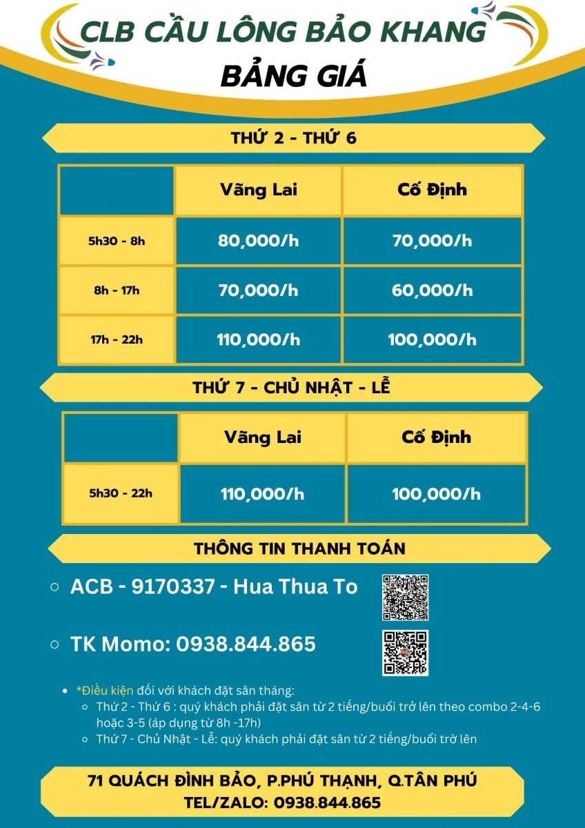 Giá thuê sân Cầu Lông Bảo Khang