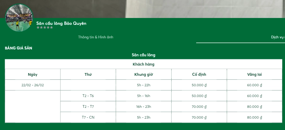 Bảng giá thuê sân cầu lông Bảo Quyên