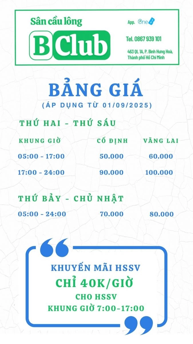 Giá thuê sân cầu lông BClub