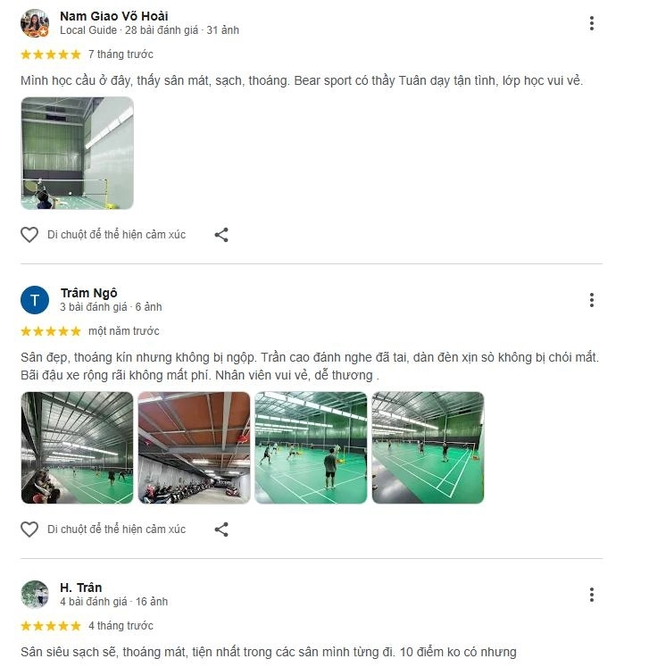 Những phản hồi về chất lượng sân cầu lông Bear Sport