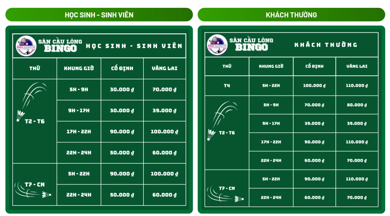 Thông tin bảng giá thuê sân cầu lông bingo