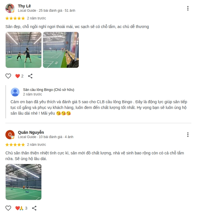 Nhận xét của người chơi về sân cầu lông bingo
