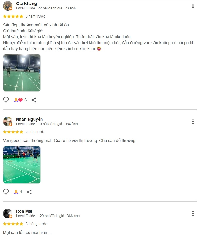Đánh giá của người chơi tại sân Cầu Lông Bình Thắng