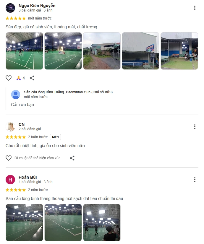 Đánh giá của người chơi tại sân Cầu Lông Bình Thắng
