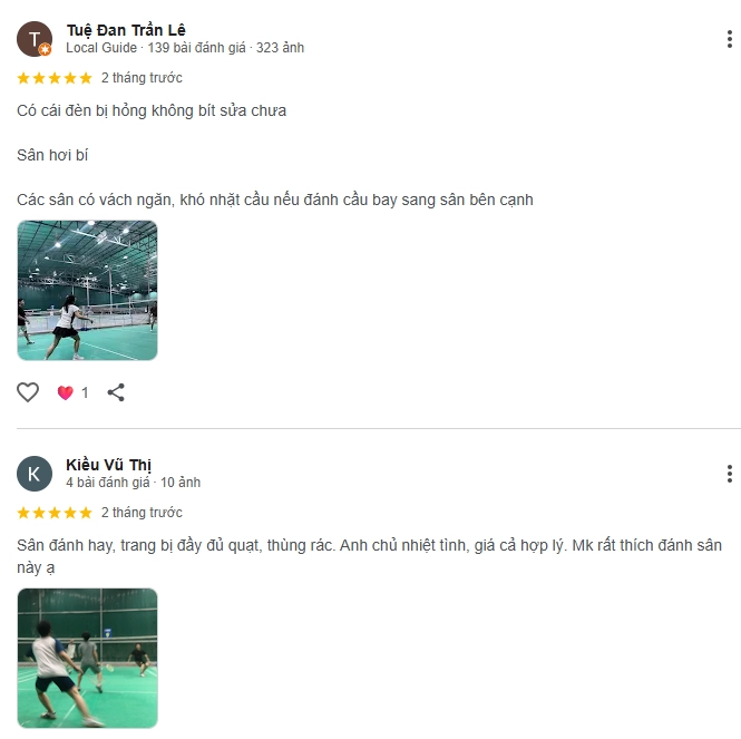 Đánh giá của người chơi tại sân cầu lông BMC Nguyễn Xiển