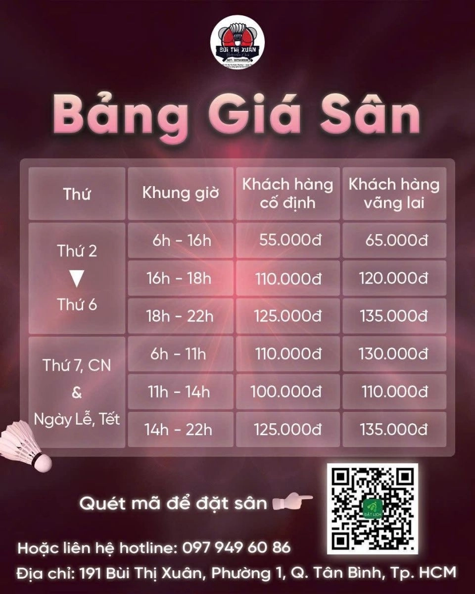 Cập nhật bảng giá thuê sân cầu lông bùi thị xuân