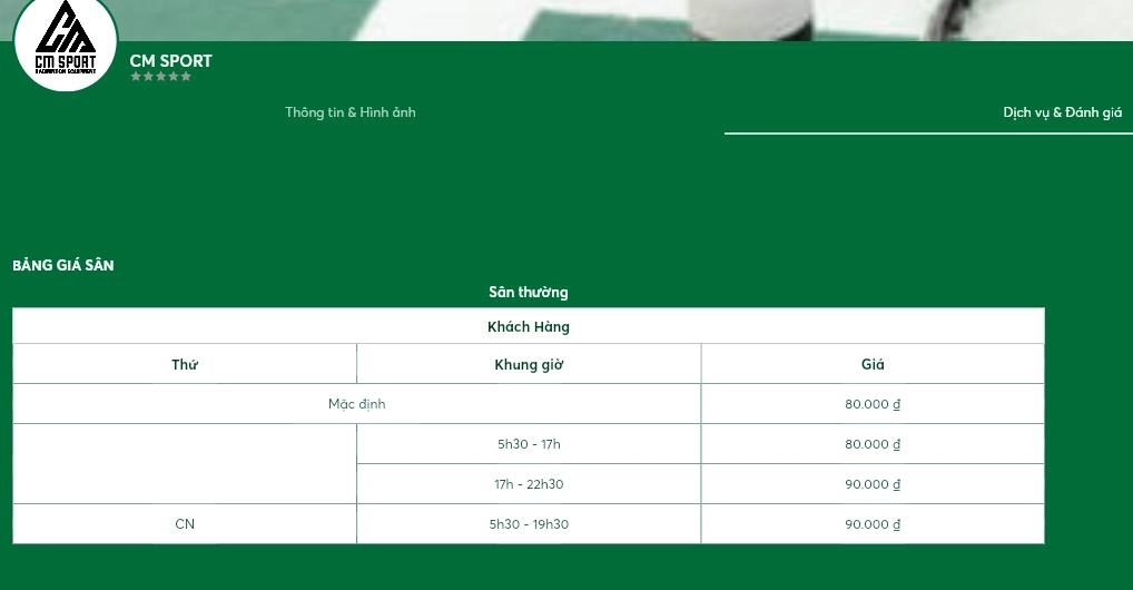 Bảng giá thuê sân cầu lông CM Sport
