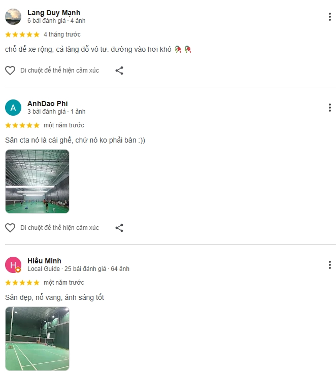 Đánh giá của người chơi tại sân cầu lông CTA Phan Bá Vành