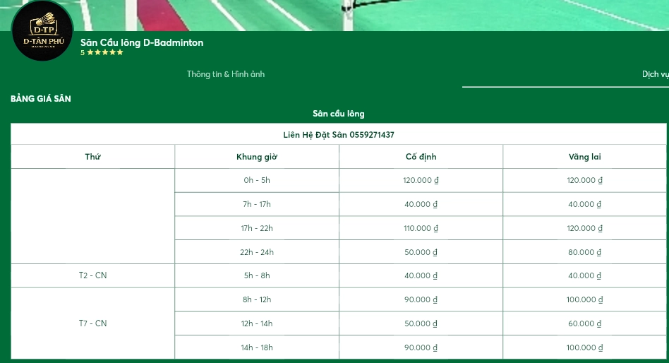 Bảng giá Sân Cầu Lông D-Badminton Tân Phú