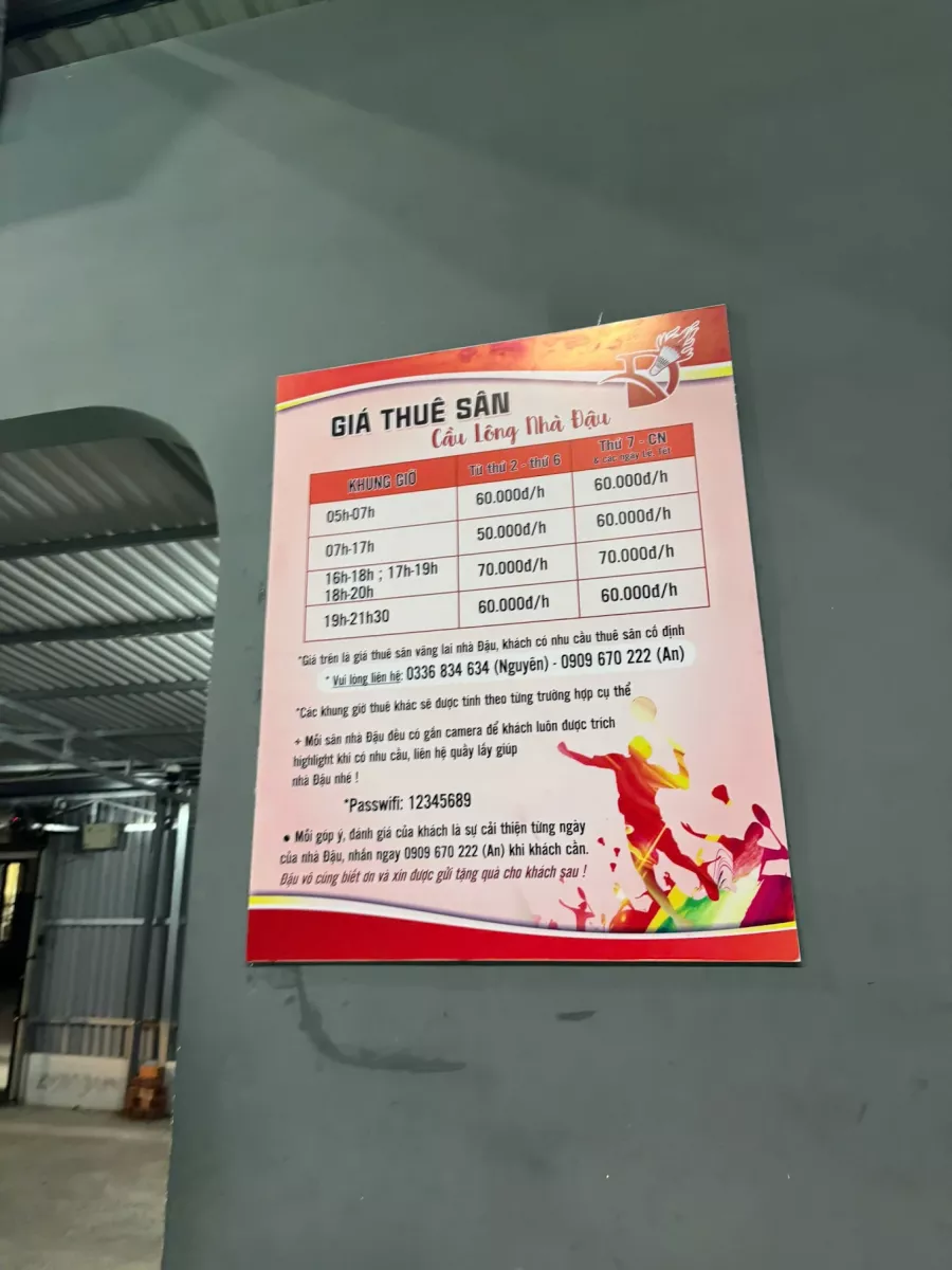 Bảng giá thuê sân cầu lông đậu đậu 2