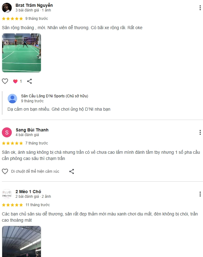 Đánh giá của người chơi tại sân cầu lông D'Ni quận 7